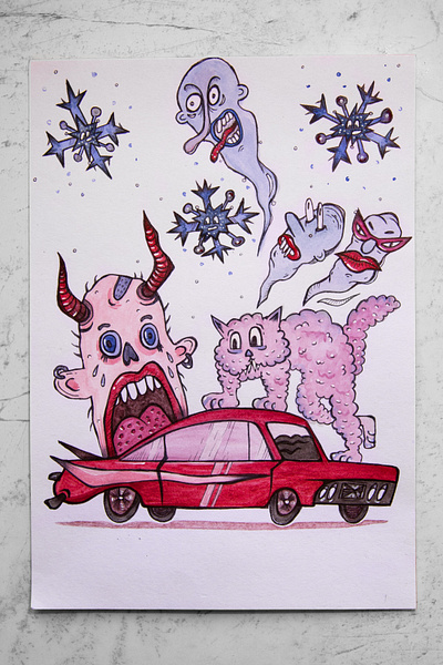 true story art car cat character comic design devil illustration iradorn pink red snow