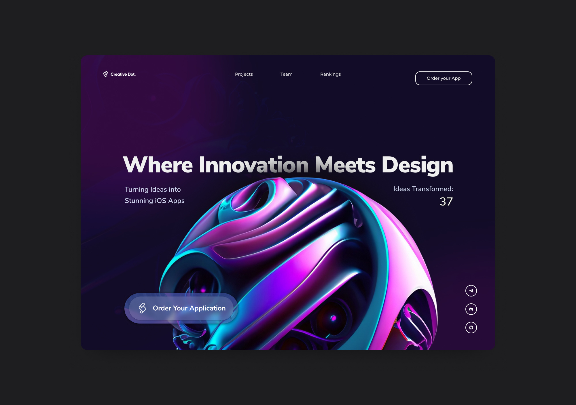 Creative Dot. // iOS Development Team Hero application landing concept creative dark design dark ui design hero hero section innovative ios ios application landing logo new purple theme trend ui uiux uix