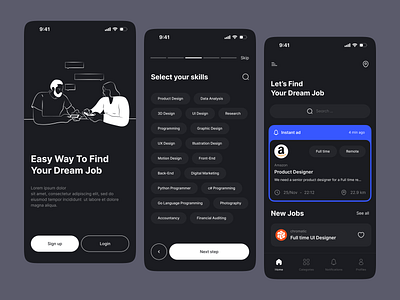 Job Finder Mobile App app app design application clean creative dark dark mode finder hire interface job job finder job platform jobfinder minimal mobile trend ui uiux ux