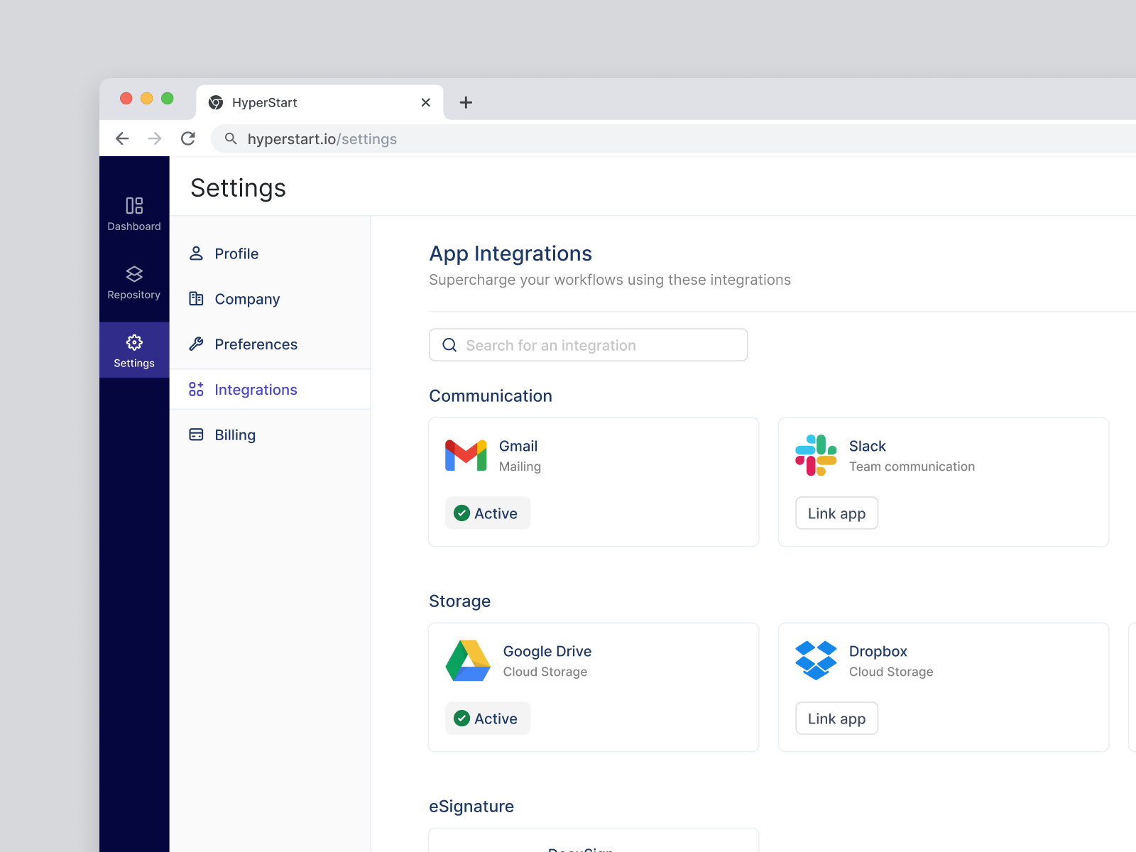 Settings Page - Integrations aesthetic design branding components design integrations product design saas application visual design