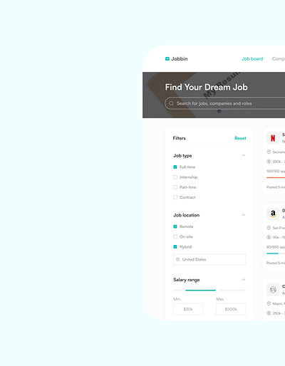 A job board search results. app app design design figma illustration product design ui design ux design