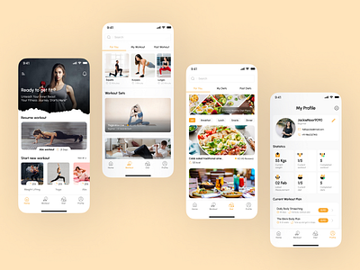FitFusion: home exercise & diet App diet exercise fitness graphic design ui yellow yoga
