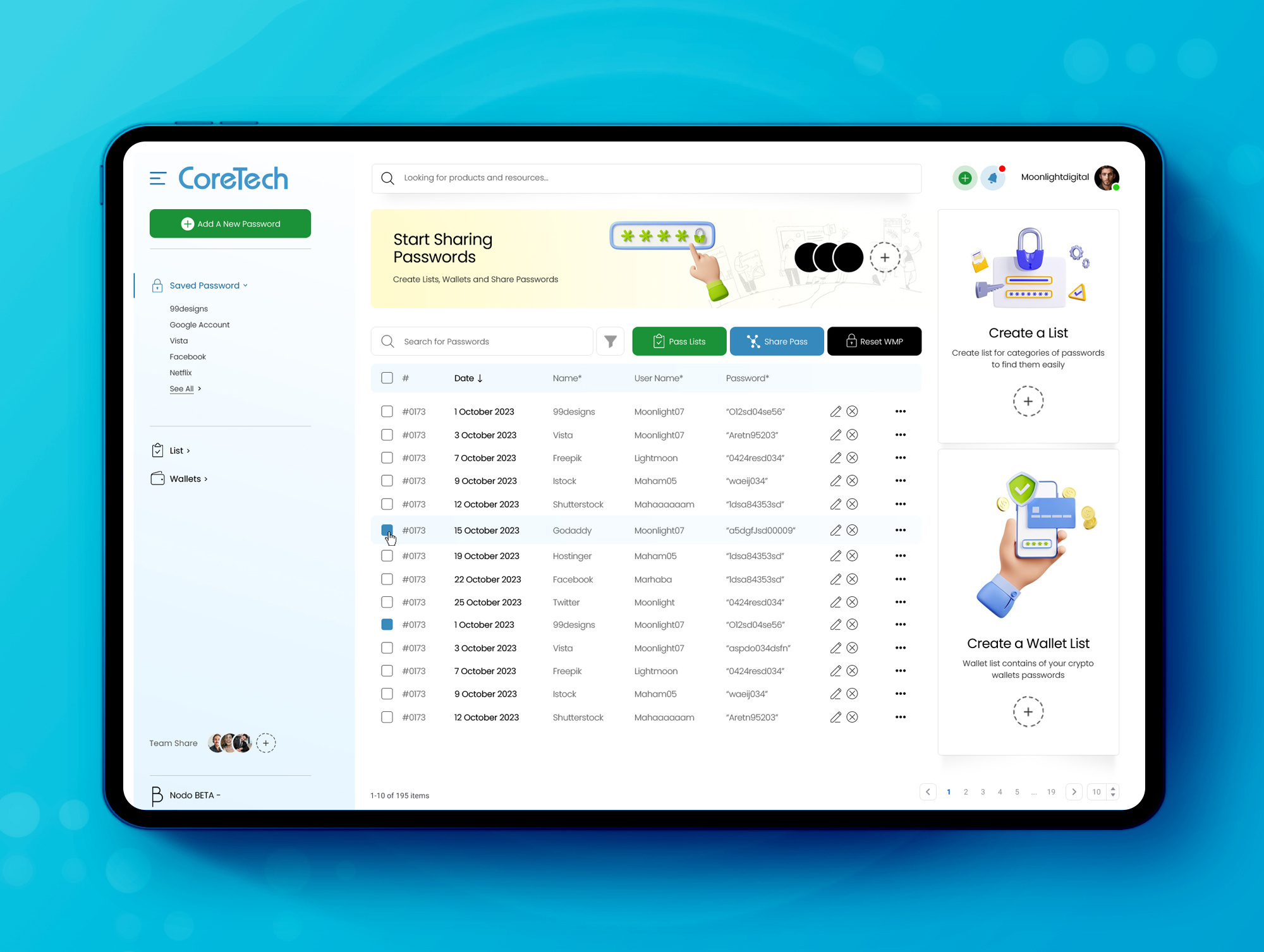 🔒Password Sharing Dashboard UI Design bold branding bright clean creative dashboard graphic design illustration list minimal modern password saas sharing team techology trendy ui