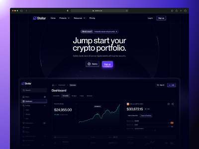 ✨ Stellar - Dark mode banking app clean concept crypto crypto app crypto dashboard design digital finance fintech graphic design interface landing page minimal saas ui ux web design web page website