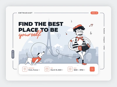 Enthusiast — Website Design 2d animation booking character city clean dog flat france graphic design illustration man motion graphics paris sketch travel ui vector walking website