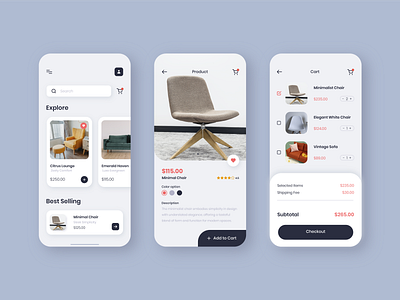 Furniture App UI Design android app app ui design ecommerce furniture ios minimal mobile app mobile ui ui ux