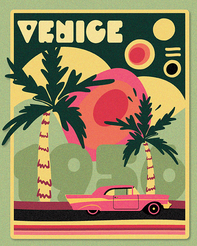 Venice beach - 1956. beach california car design florida graphic design illustration palm trees poster retro venice wall art wavy
