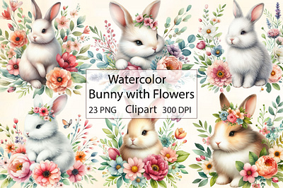 Watercolor Bunny with Flowers Clipart invitation