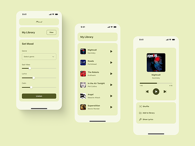 Mood-Based Music App ai app app design design layout library minimal mobile app mood music music app music player playlist slider ui ui design ui ux user interface ux ux design
