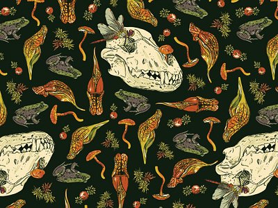 Bogcore: Carnivore biological bog bogcore botanical carnivore cranberry dark dragonfly frog hardcore illustration moss mushroom pattern pitcher plant plants skull surface pattern witchy wolf