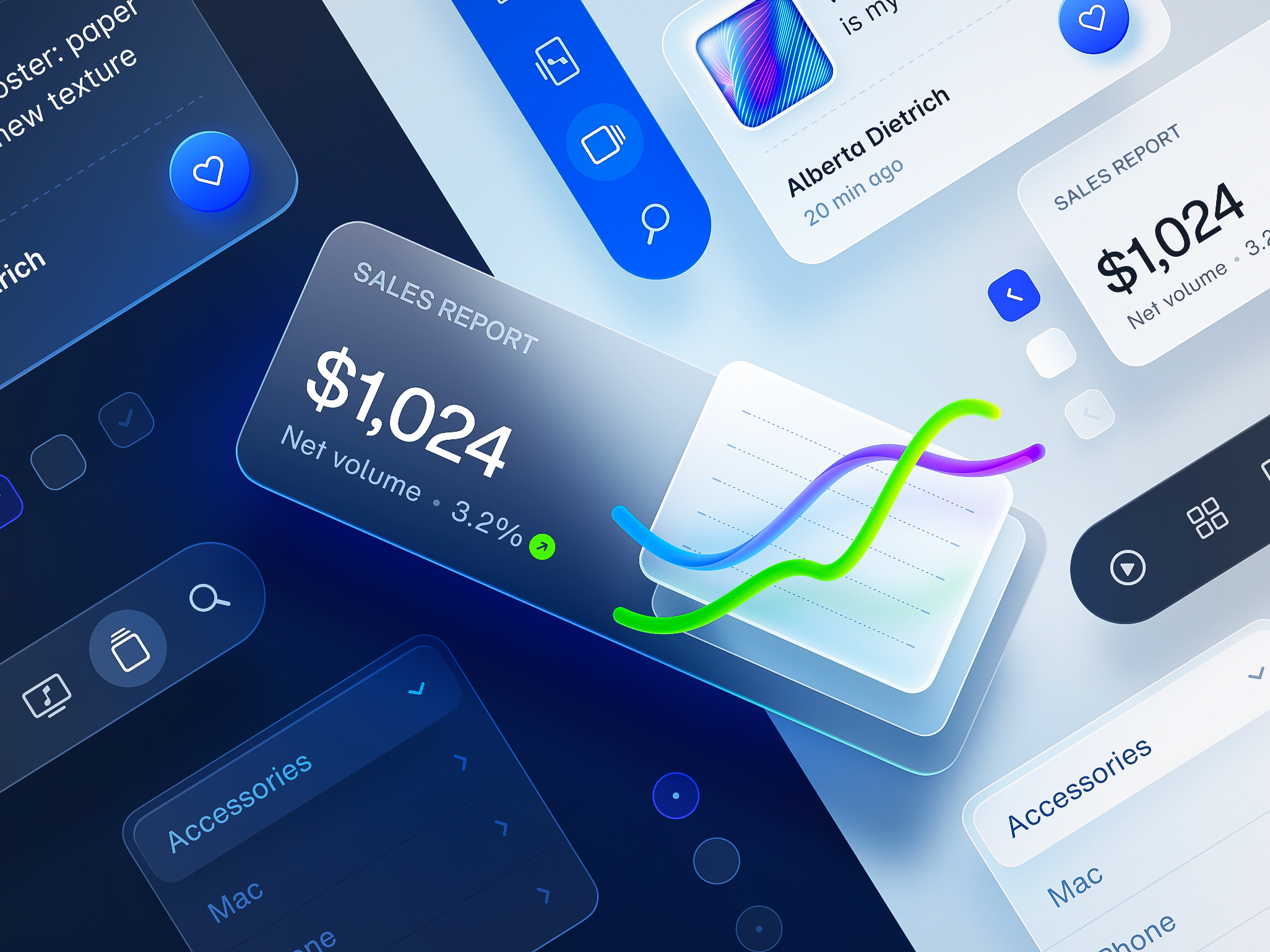Glass UI Kit 3d admin animation apple blue dashboard design glass glassmorphism graph icon ios iphone kit neumorphic report translucent transparent ui vision