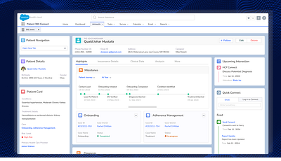 Salesfore health cloud Patient Dashboard dashboard figma graphic design healthcare medicalrecord patient360 patientprofile prototype salesforcehealthcloud ui uiux ux uxresearch