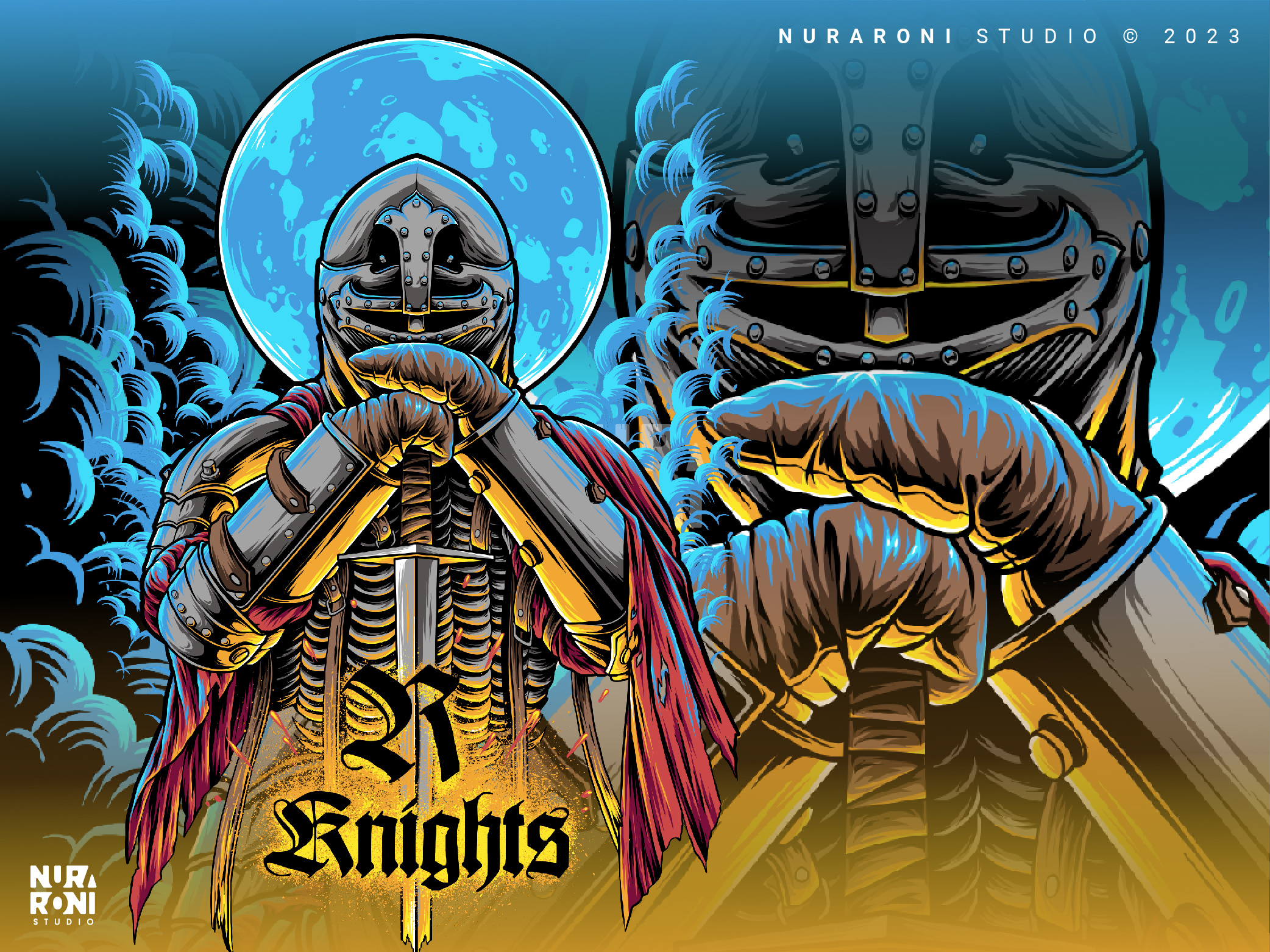 ⚔️🌙 The R Knights - Guardian of the Spooky Night 🏰👻 apparel army blade cartoon cavalier champion character clothing dark art fighter guardian illustration knight paladin soldier sword trooper tshirt design vector war