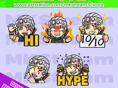 Twitch emotes demon slayer uzui tengen pack 2 animated emotes anime chibi demon slayer design discord emote emotes hello hi hype illustration kimetsu no yaiba laugh perfect rage sub badge twitch emotes uzui uzui tengen