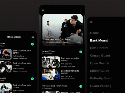 Jiujitsu Academy Video Library Mobile App app bjj curriculum dark dark mode jiujitsu mobile navigation typography ui ux video