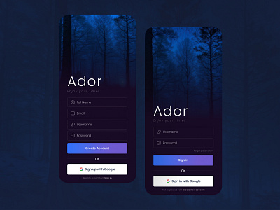 Daily UI 001 Sign up page for Ador application app application design blue daily daily ui dailyui dark dark mode login login page minimal minimal design mobile app night sign in sign in page sign up sign up page ui user interface