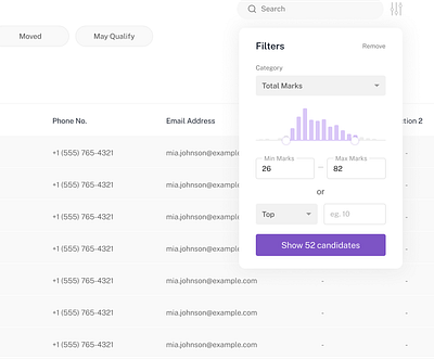 Recruitment Web Application Filters app candidate list data design enter marks filter filters input list modal popup range recruitment sort table ui uiux ux web