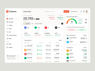Crypto exchange platform - Coinaco assets allocation blockchain budget tracking coin crypto cryptocurrency dashboard defi defi app fintech invest investment portfolio minimal product design saas tokens trading app transactions wallet web app
