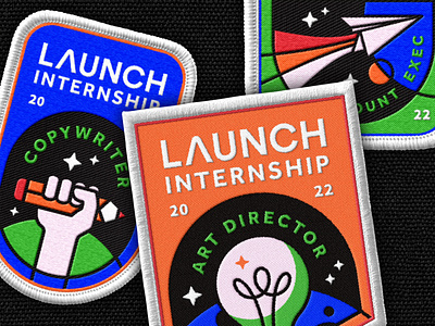 Launch — "mission intern" campaign account exec ad agency art director astronaut badges branding copywriter exploration icons illustration intern search launch mission moon outer space patches planets space stickers