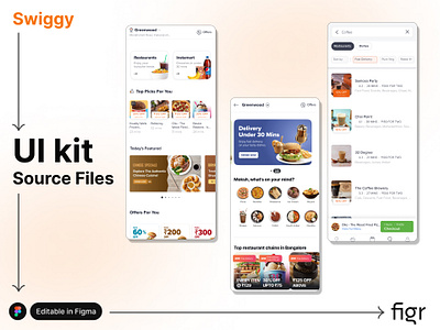 Make Swiggy UI your own app design branding delivery app design editable figma food food delivery free kit landing page mobile app mockup swiggy template ui ui kit ui ux website zomato