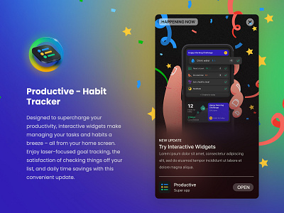 In-app event for Productive Habit Tracker app 3d ai app aso banner branding design graphic design habit illustration in app event interactive phone productive tracker ui widgets