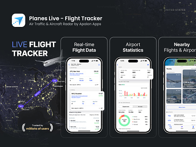 ASO design for Planes Live airport app store aso branding data flight flight data google play graphic design plane radar screenshots statistics ui