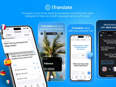 ASO design for iTranslate Translator app app store aso branding camera dictionary google play graphic design itranslate language offline mode screenshots translate ui voice translate