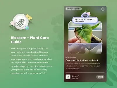 In-app event for Blossom AI assistant advice ai ai assistant ai bot ai robot app aso banner blossom diagnostic disease illustration in app event plant care robot ui vector