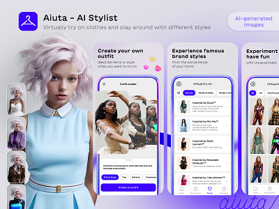 ASO design for Aiuta app (CPP set for Virtual try on) ai ai bot ai generated ai stylist app aso design fashion graphic design illustration outfit builder style stylist trend ui virtual try wardrobe