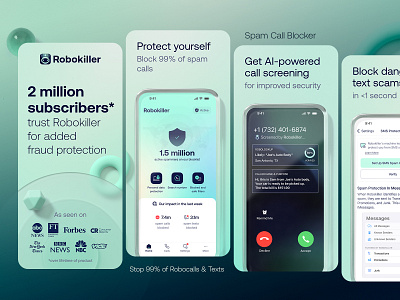 ASO design for Robokiller: Spam Call Blocker ai app store aso blocker bot call google play message protection robokiller robot scam screenshot set spam text scam ui