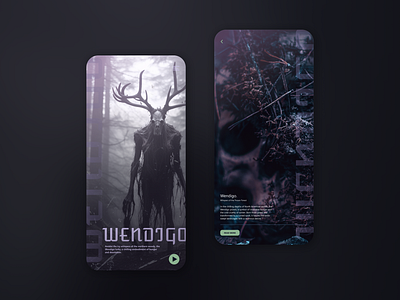 Wendigo Dark Folklore App UI Design app design app ui app ux design fantasy graphic design horror horror ui mobile design mobile ui mobile ux product design ui ui ux userinterface