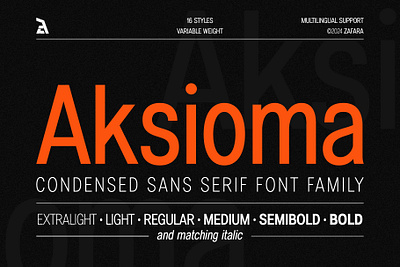Aksioma - Condensed sans serif bold branding condensed design friendly fun geometric graphic design headlines illustration logo magazine minimal modern news opentype packaging sans serif typography vector