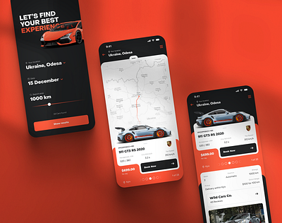 Finder of exclusive cars for rent app auto booking car card dark exclusive filter map red rental service ui