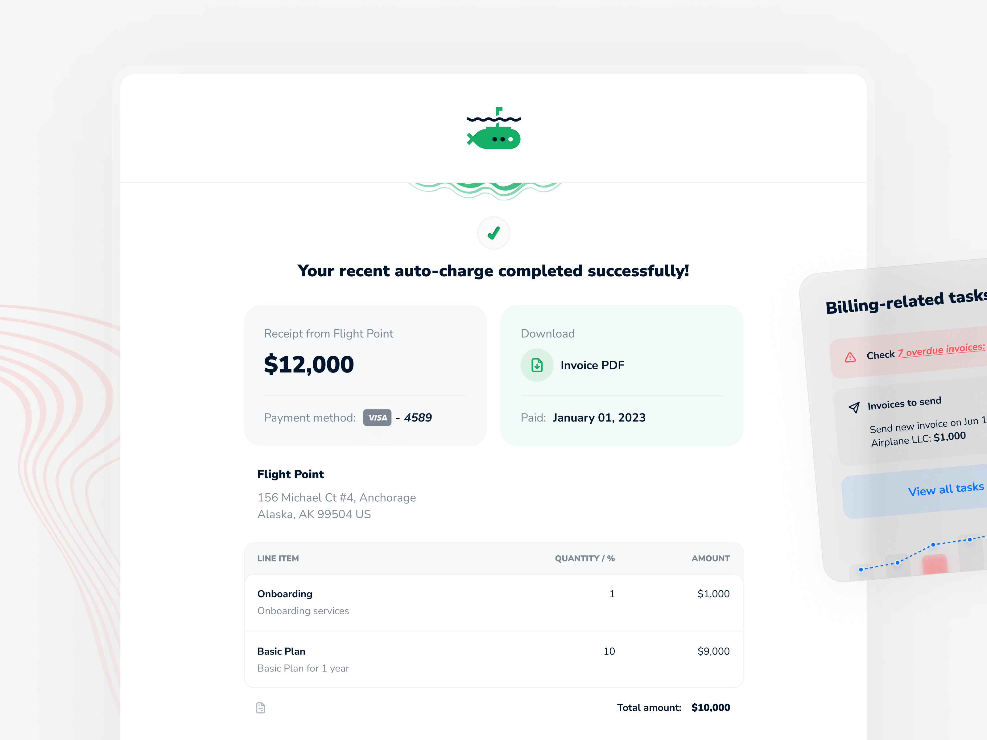 Billing emails app billing branding charge email finance green invoice marketing overdue pdf receipt saas subscription table task ui ux web white