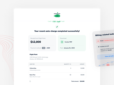 Billing emails app billing branding charge email finance green invoice marketing overdue pdf receipt saas subscription table task ui ux web white