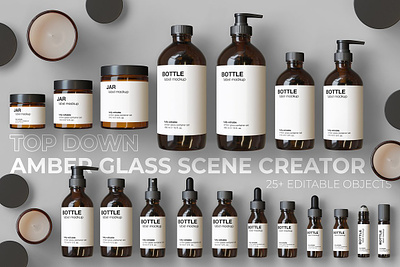 Top down Amber Glass Scene Creator amber bottle label mockup candle jar mockup cosmetics mockup dropper bottle mockup editable editable planner glass jar label mockup jar mockup packaging plastic pump bottle mockup realistic roll on mockup scene creator scene creator mockup scene creator top view separated spray bottle mockup