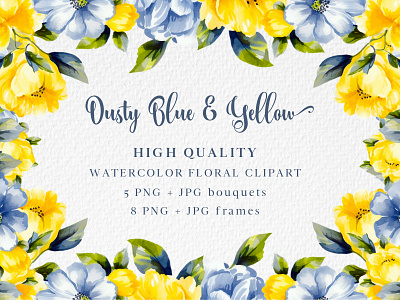 Watercolor Dusty Blue and Yellow Flowers PNG Clipart + Frames. blue and yellow flowers dusty blue flowers floral bundle floral clipart floral frames flowers clipart jpg png watercolor floral clipart watercolor flowers watercolor frames yellow flowers