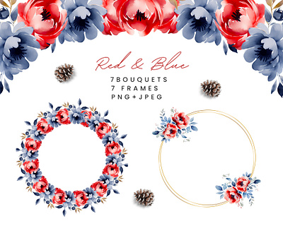 Watercolor red and navy blue floral clipart floral bouquets floral bundle jpg navy blue floral frames navy blue flowers png red floral clipart red floral frame red flowers watercolor floral clipart watrercolor floral frames