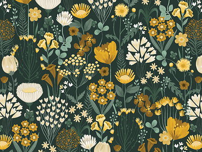 Autumn Bouquet Surface Pattern Design allover print apparel autumn botanical illustration dark green botanical motives fabric design fall print floral pattern floral print flowers hand drawn illustration meadow plants procreate seamless pattern stationery design surface pattern design textile design textile print yellow wildflowers