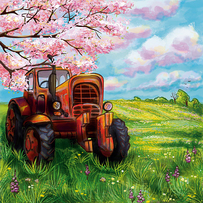 A tractor in the middle of spring. graphic design green illustration landscape pink procreate spring tractor обложка