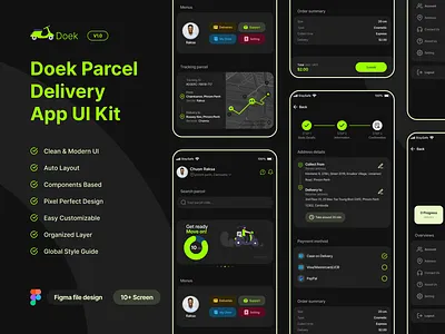 Parcel Delivery App UI Kit delivery app design system food food delivery app free mobile app parcel delivery app portfolio template ui design ui kit