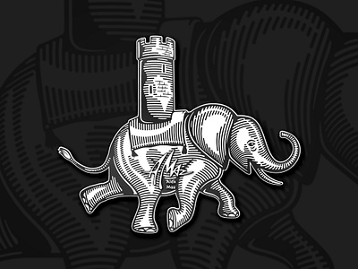 War elephant, carrying a tower - vector art black and white character design elephant emblem engraving graphics illustration ink logo mascot medieval mental psychology retro thought vector vintage war