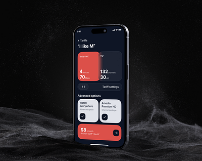 Tariff plan, mobile page black contrast dark darkmode design glass iphone mobile red ui uidesign