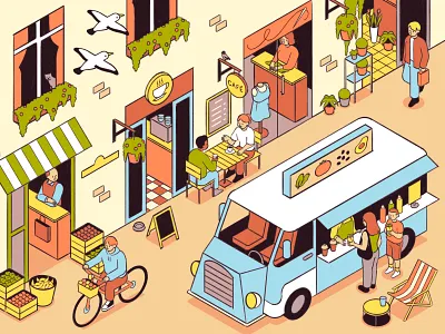 Walkable City Life character characterdesign editorial illustration illustration isometric lineart midcentury