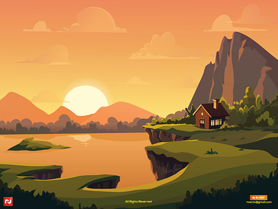 Sunset, mountain, river and house Colorful Illustration branding colorful illustration design illustration illustration art illustrations illustrator landing page illustration landscape drawing art landscape illustration ui ui illustration vector drawing vector drawing sketch vector illustration vector ui illustration vectorart