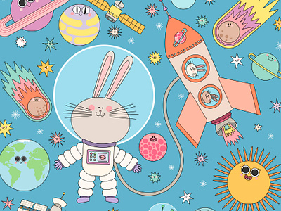 Space bunny 2d animal animals astronaut astronomy bunny character design cute design drawing illustration kawaii nature painting planet planets space space ship sun universe