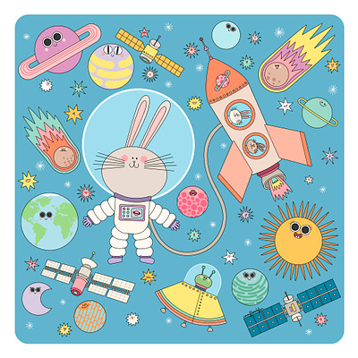 Space bunny 2d animal animals astronaut astronomy bunny character design cute design drawing illustration kawaii nature painting planet planets space space ship sun universe