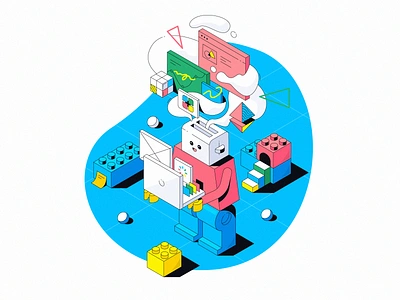 Chef of ideas advisor ai assistant brain cloud constructor creative director gedzdesign generation happy idea illustration isometric laptop lego robot thinking toaster windows