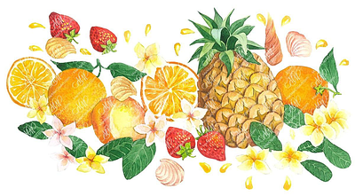Tropical fruits, flowers and shells flowers illustration fruits illustration graphic design illustration instant download labels design orange packaging design pineapple shells strawberries tropical flowers tropical fruits watercolor illustration