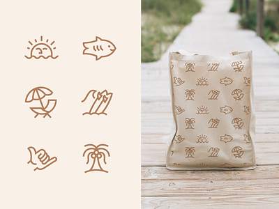 Surfing Shakas beach brand branding fish icon iconography icons line material packaging palm trees product rad set shaka surf surfboard surfing
